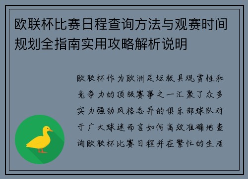 欧联杯比赛日程查询方法与观赛时间规划全指南实用攻略解析说明 欧联杯比赛日程查询方法与观赛时间规划全指南实用攻略解析说明