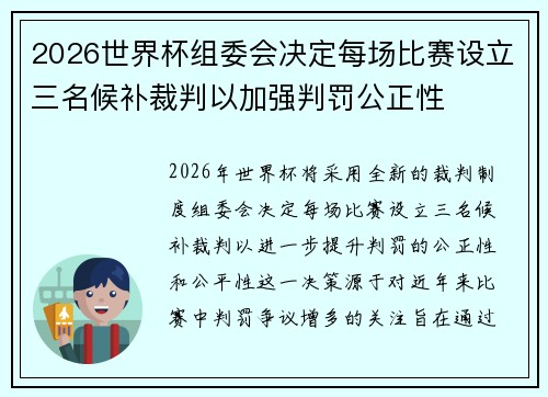 2026世界杯组委会决定每场比赛设立三名候补裁判以加强判罚公正性 2026世界杯组委会决定每场比赛设立三名候补裁判以加强判罚公正性